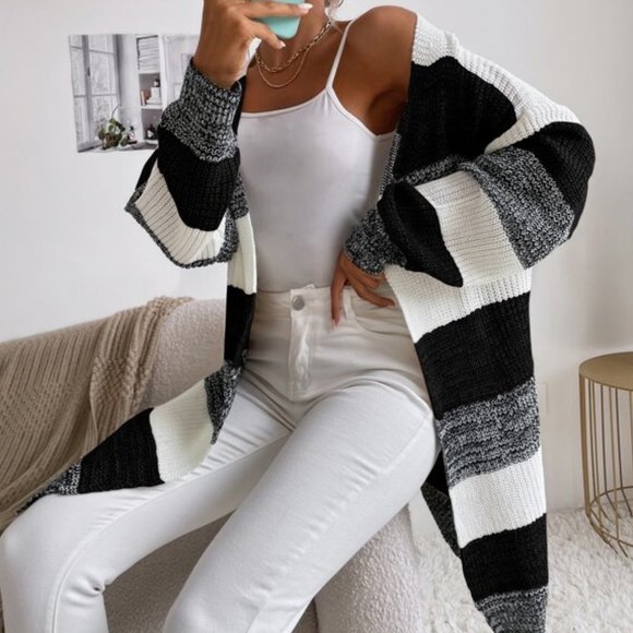 Trendy! Color Block Open Front Batwing Sleeve Long - Picture 3 of 7